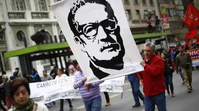 Manifestantes sostienen un cartel con el rostro de Salvador Allende