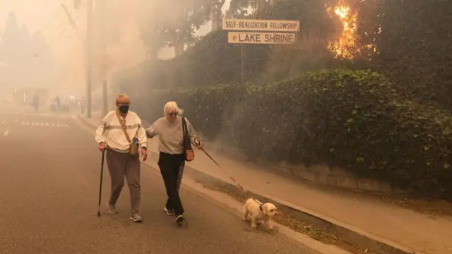 Los Angeles'ın lüks mahallelerinde yangın dumanı altında sokakta köpekleriyle yürüyen bir çift