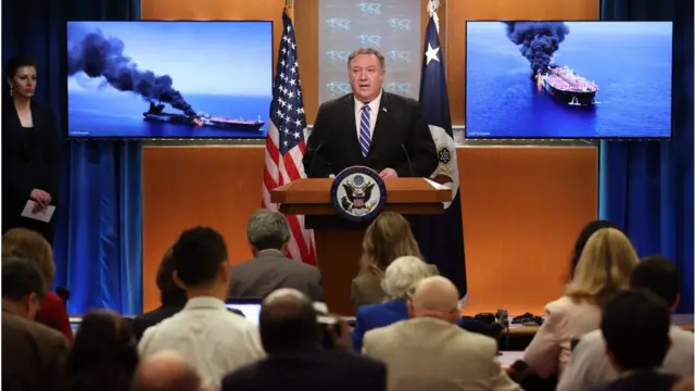 Ông Pompeo phát biểu từ phòng họp của Bộ Ngoại giao Hoa Kỳ hôm 13/06 về vụ tấn công tàu chở dầu
