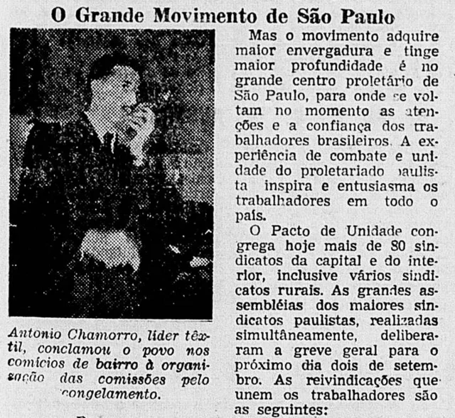 O líder sindical têxtil Antonio Chamorrofazer aposta da quina onlinerecorte do jornal Voz Operária (RJ),fazer aposta da quina online1954