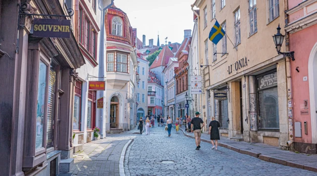 Starówka w Tallinnie. Po brukowanej ulicy idzie kilkanaście osób, głównie pojedynczo lub parami. Jest ciepły, słoneczny dzień.