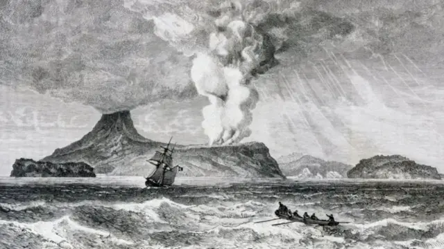 Ilustrasi abad 19 letusan Pulau Krakatau, pada Agustus 1883.