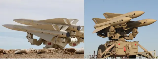 سمت راست سامانه پدافندی مرصاد مجهز به موشک‌‎های شاهین و سمت چپ سامانه پدافندی هاوک