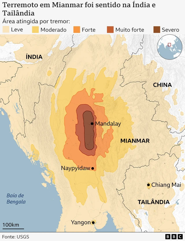 Mapa mostra área atingida por tremor após terremoto no Mianmar
