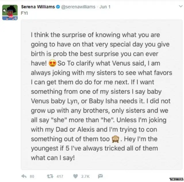 सरीना विलियम्स, वीनस विलियम्स, टेनिस, बच्चा