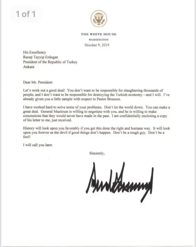 Trump'ın Cumhurbaşkanı Erdoğan'a gönderdiği mektup
