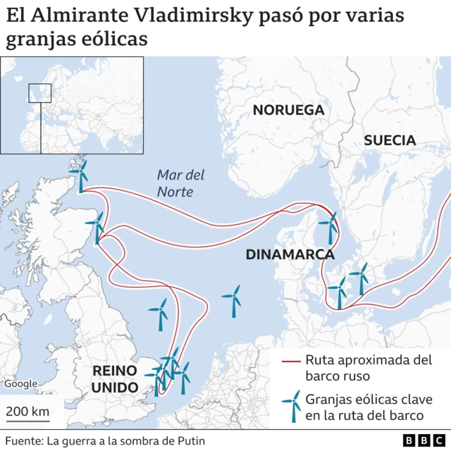 Gráfico que muestra la ruta de los barcos espías rusos por el Atlántico Norte.