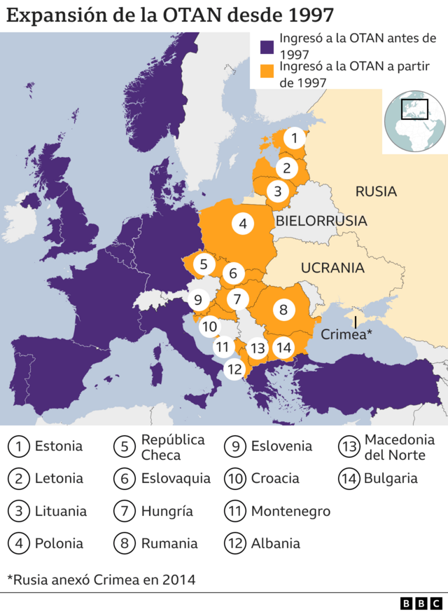 Mapa que muestra los países que ingresaron a la OTAN desde 1997