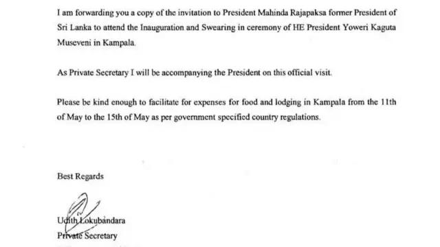 උදිත ලොකුබණ්ඩාර විදේශ අමාත්‍යංශයට යොමු කළ ලිපිය