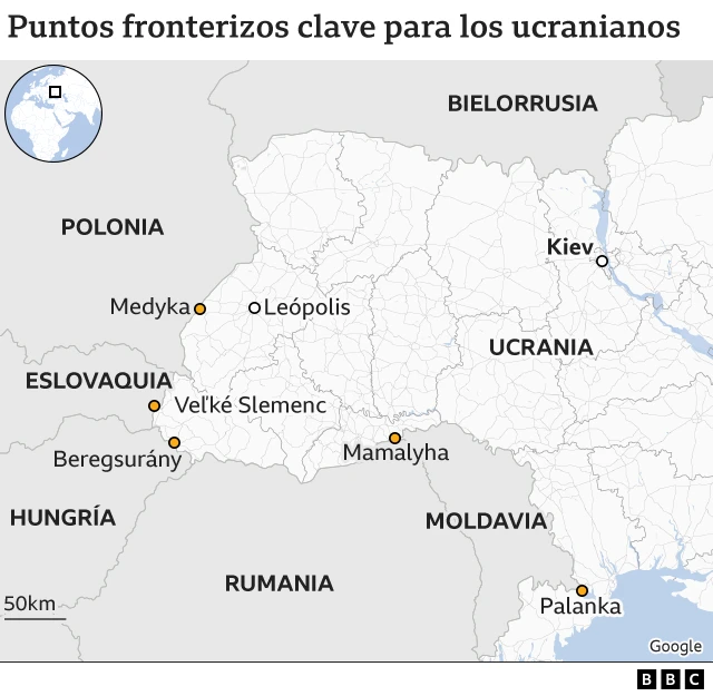 Mapa con los puntos fronterizos clave de Ucrania.