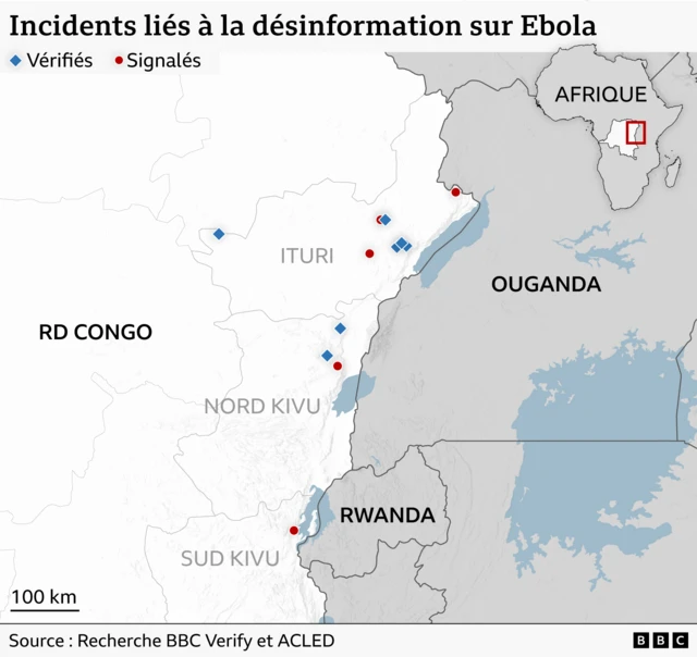Carte intitulée « Incidents liés à la désinformation sur Ebola » montrant la région frontalière entre l'est de la République démocratique du Congo, l'Ouganda et le Rwanda. Les losanges bleus indiquent les incidents vérifiés et les cercles rouges, les incidents signalés. Les incidents sont principalement concentrés dans les provinces d'Ituri et du Nord-Kivu en RDC, près de la frontière ougandaise, et quelques-uns s'étendent vers le sud, en direction du Sud-Kivu et de la frontière rwandaise. Une carte de l'Afrique, plus petite, en haut à droite, situe la région en Afrique centrale et orientale. Source : Enquête BBC Verify et ACLED.