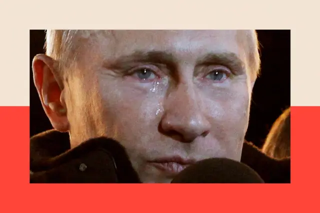 Ảnh cận cảnh khuôn mặt của Putin. Trời tối và ông rơi nước mắt.