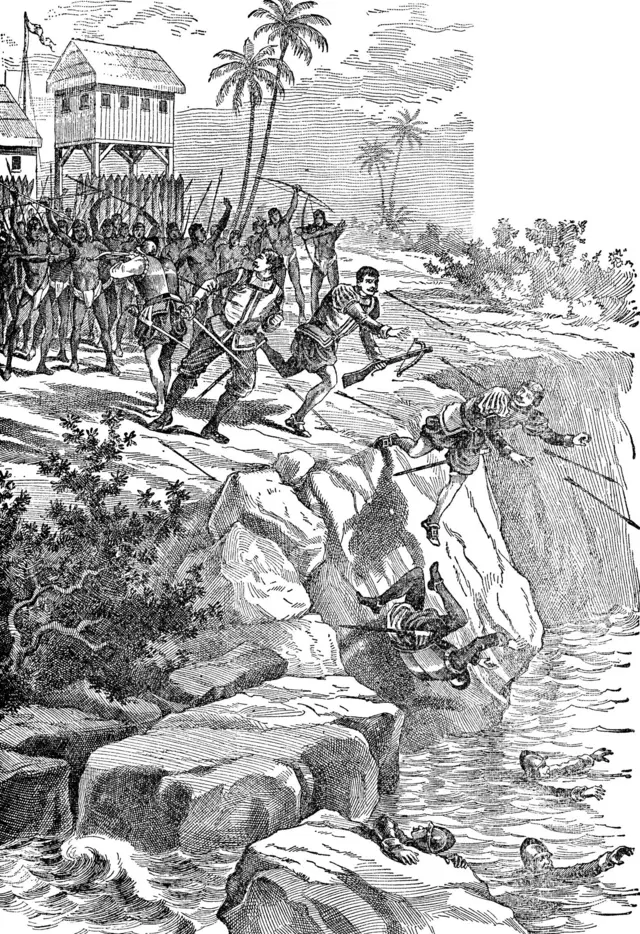 Le Cacique Caonabo force les hommes de Christophe Colomb à prendre la mer au Fort La Navidad en Haïti - 15ème siècle - Illustrations