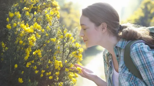 Mulher sentindo aromaque e o dono da 7gamesflores amarelas