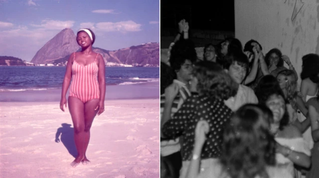  à esquerda, banhista na praia do Flamengo; à direita, multidão festeja Réveillon de 1977