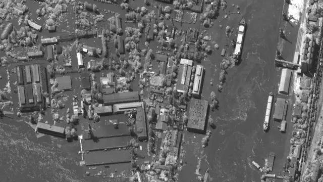 Flooded port and industrial area in Kherson, southern Ukraine. Photo: 6 June 2023