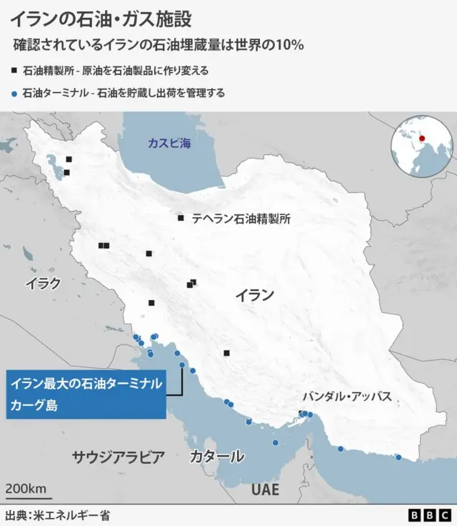 イランの石油施設の地図。カーグ島の位置が大きく示されている