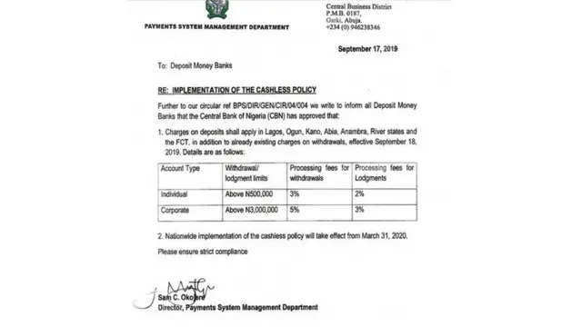 Akwụkwọ ozi CBN na-ekwu maka 'cashless policy'.