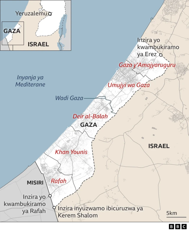 Ikarita ya Gaza igaragaza n'umujyi wa Rafah