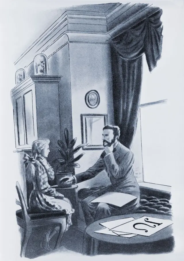 Litografía que muestra a Bell y una niña sentados uno frente al otro, ambos con las manos en la garganta.