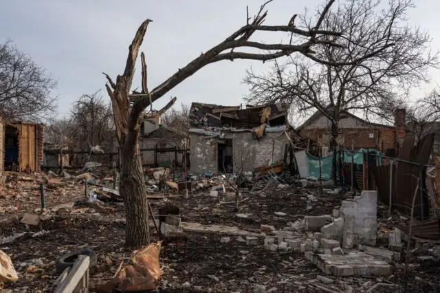 Ukrayna'da harabeye dönmüş bir müstakil ev ve bahçesi