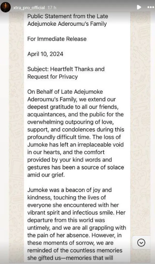 Family of Jumoke beg for privacy as dem mourn her death