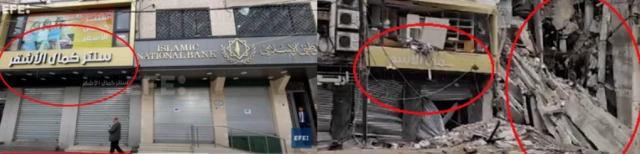 موقع المتجر الملاصق للبنك الوطني الإسلامي يظهر في الصورتين قبل وبعد التدمير