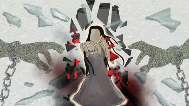 畫面上一名婦女擺脫監禁困境，而綁架者的邪惡之手現在被套上枷鎖