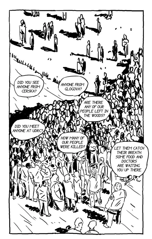 Poslednja stranica stripa na kojoj preživeli postavljaju pitanja o njihovim sugrađanima, saborcima i stradalima