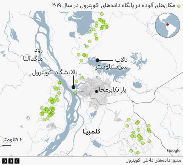 این نقشه شهر بارنکابرمخا و پالایشگاه اکوپترول را در غرب شهر در کنار رودخانه ماگدالنا نشان میدهد. نقاط آلوده در پایگاه دادههای اکوپترول در سال ۲۰۱۹ به صورت خوشهای در شمال، غرب و جنوب شرق شهر مشخص شدهاند