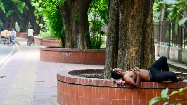 ২০২৪ সালের এপ্রিলের শেষ নাগাদ ঢাকায় তীব্র তাপদাহের সময় একটি সড়কের গাছের নীচে শুয়ে বিশ্রাম নিচ্ছেন এক ব্যক্তি। 