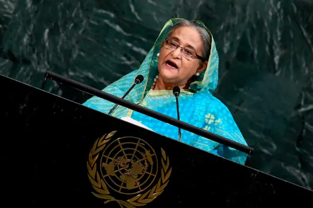 Sheikh Hasina s'adressant à l'Assemblée générale des Nations unies