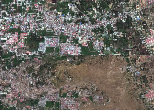 Satellite view of Petobo before and after the earthquake