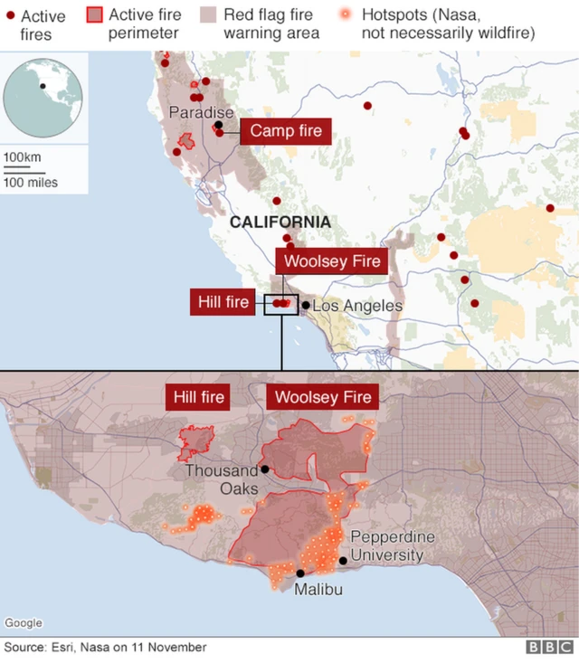 Maps showing where wildfires are active across California