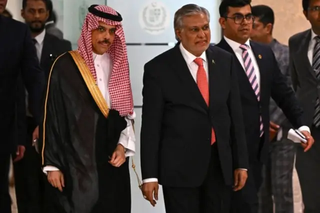 সৌদি পররাষ্ট্রমন্ত্রী ফয়সাল বিন ফারহানের সঙ্গে পাকিস্তানের পররাষ্ট্রমন্ত্রী মুহম্মদ ইসহাক দার।