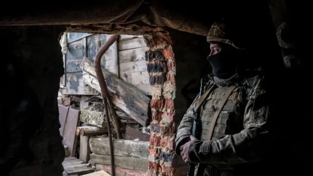 A Ukrainian soldier in Marinka, Ukraine