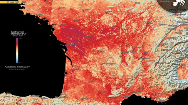 Copernicus Sentinel-3 satellites on 23 June 2026 at 09:54 UTC show di Land Surface Temperatures (LST) across central and southern France, and northern Spain