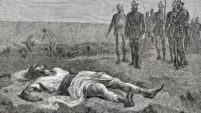 19th Century engraver draw di scene of wen soldiers find Emperor Tewodros II bodi