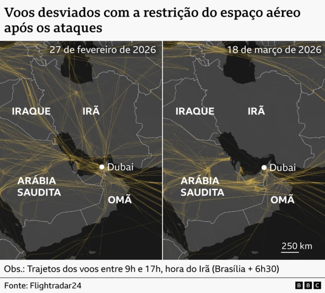 Mapa mostrando os desvios dos voos com as restrições impostas ao espaço aéreo após os ataques ao Irã