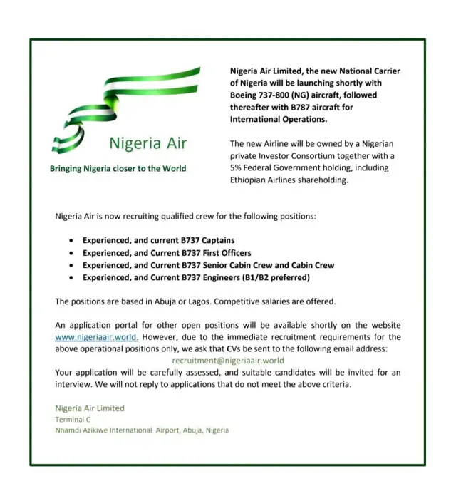 Aviation ministry job advert for Nigeria Air.