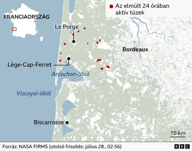 Franciaország délnyugati részének térképe, amelyen Bordeaux látható, Bordeaux-tól balra pedig piros pontok jelölik az aktív tűzfészkeket.