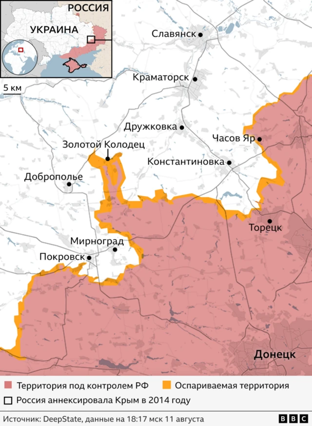 Карта Донбасса. Красным изображена территория под контролем России, оранжевой линией — территории вдоль красной, за которые идут бои. Золотой Колодезь находится прямо на линии.
