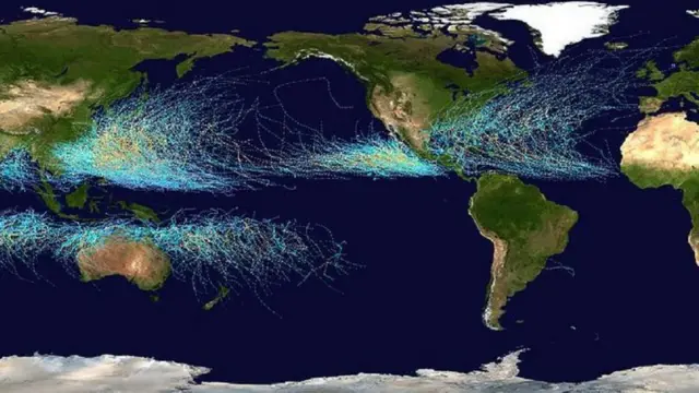 Mapa de la NASA que muestra el efecto Coriolis en diferentes sitios del planeta