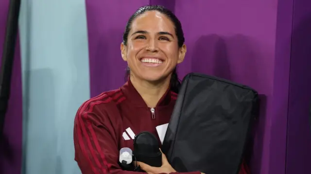 Assistant Referee Karen Diaz Medina of Mexico reacts prior to the FIFA World Cup Qatar 2022 Group B match between Wales and England at Ahmad Bin Ali Stadium on November 29, 2022 in Doha, Qatar
