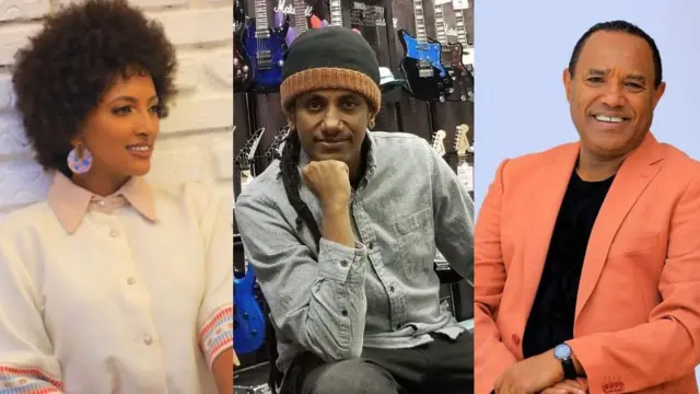 ሙዚቀኛ ብሌን ዮሴፍ፣ የኢትዮጵያ ሙዚቀኞች ማኅበር የሮያሊቲ አስተዳዳር ኃላፊና ድምጻዊ ኃይሉ ሩትስ እና ድምጻዊ ፀሐዬ ዮሐንስ [ ከቀኝ ወደ ግራ]