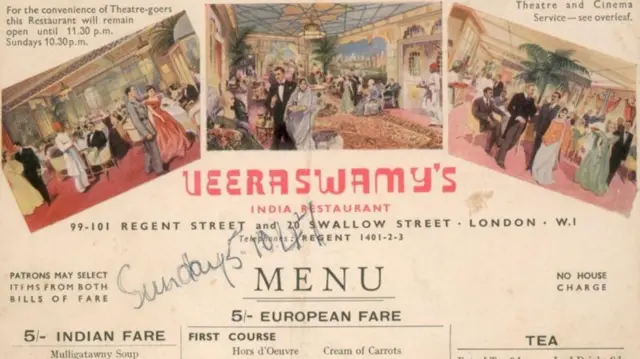 黄ばんだ台紙のメニューの上部。西洋人とインド人が交流する様子の絵が並んでいる