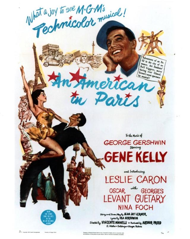 经典音乐剧《一个美国人在巴黎》（An American in Paris）(1951)让法国首都的好莱坞式爱情幻想得到巩固。