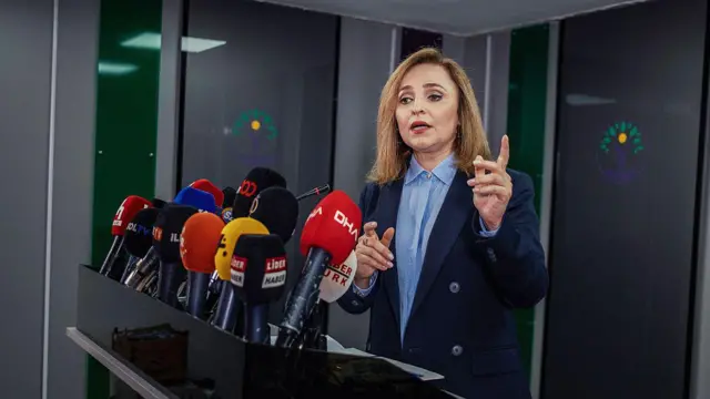 Ayşegül Doğan önünde mikrofonlarla, ayakta bir kürsüde konuşurken