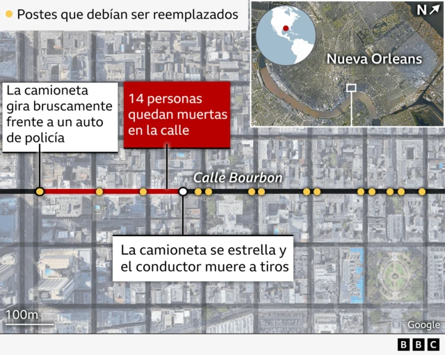 Mapa con el detalle de donde ocurrió la arremetida de la camioneta en Nueva Orleans