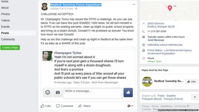 Unggahan Facebook dari polisi Redford Township.